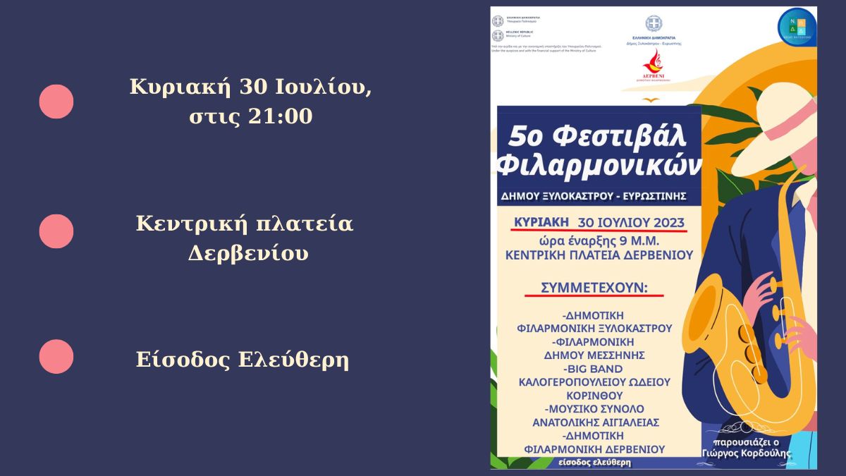 Το 5ο Φεστιβάλ Φιλαρμονικών στο Δερβένι – Κυριακή 30 Ιουλίου, στις 21:00