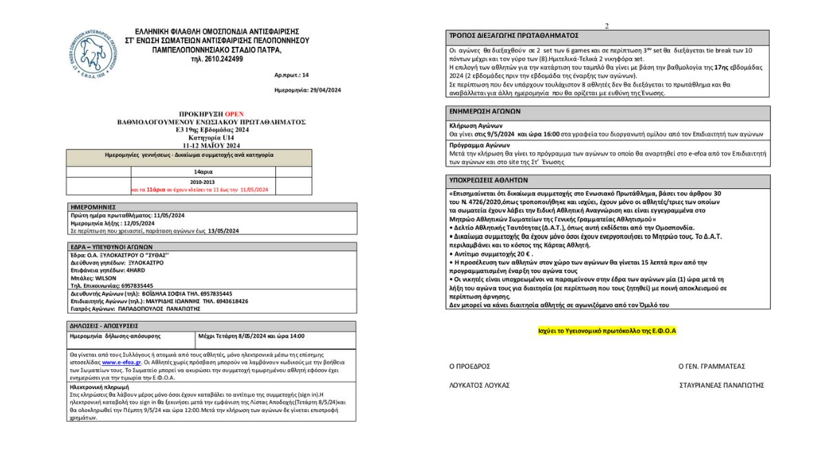 Open βαθμολογούμενο Ενωσιακό Πρωτάθλημα Αντισφαίρισης Ε3 κατηγορίας U14 στο Ξυλόκαστρο