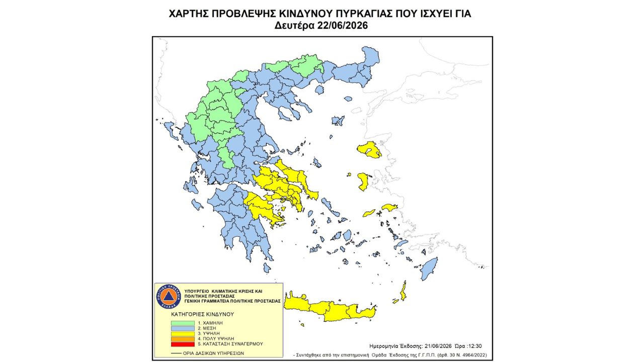 Προσοχή! - Υψηλός κίνδυνος πυρκαγιάς (κατηγορία κινδύνου 3) για αύριο Δευτέρα 22 Ιουνίου 2026