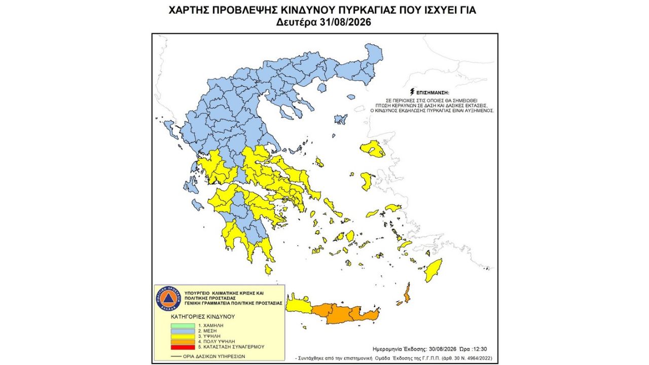 Προσοχή! - Υψηλός κίνδυνος πυρκαγιάς (κατηγορία κινδύνου 3) για αύριο Δευτέρα 31 Αυγούστου 2026