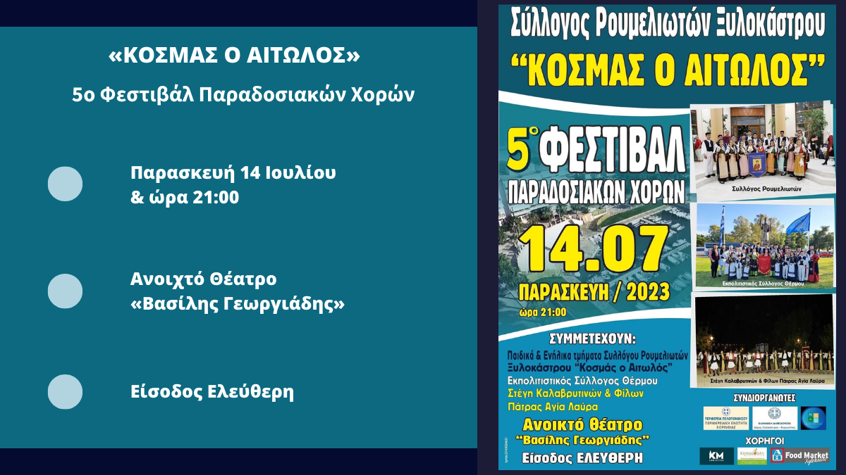 5ο Φεστιβάλ Παραδοσιακών Χορών – 14 Ιουλίου και ώρα 21:00, στο «Βασίλης Γεωργιάδης»